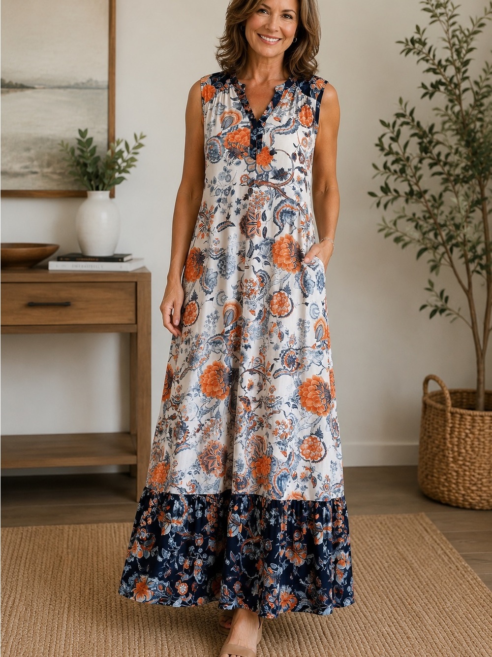 Chico's White Navy & Orange Floral Print Sleeveless Tank Midi Dress Size Medium